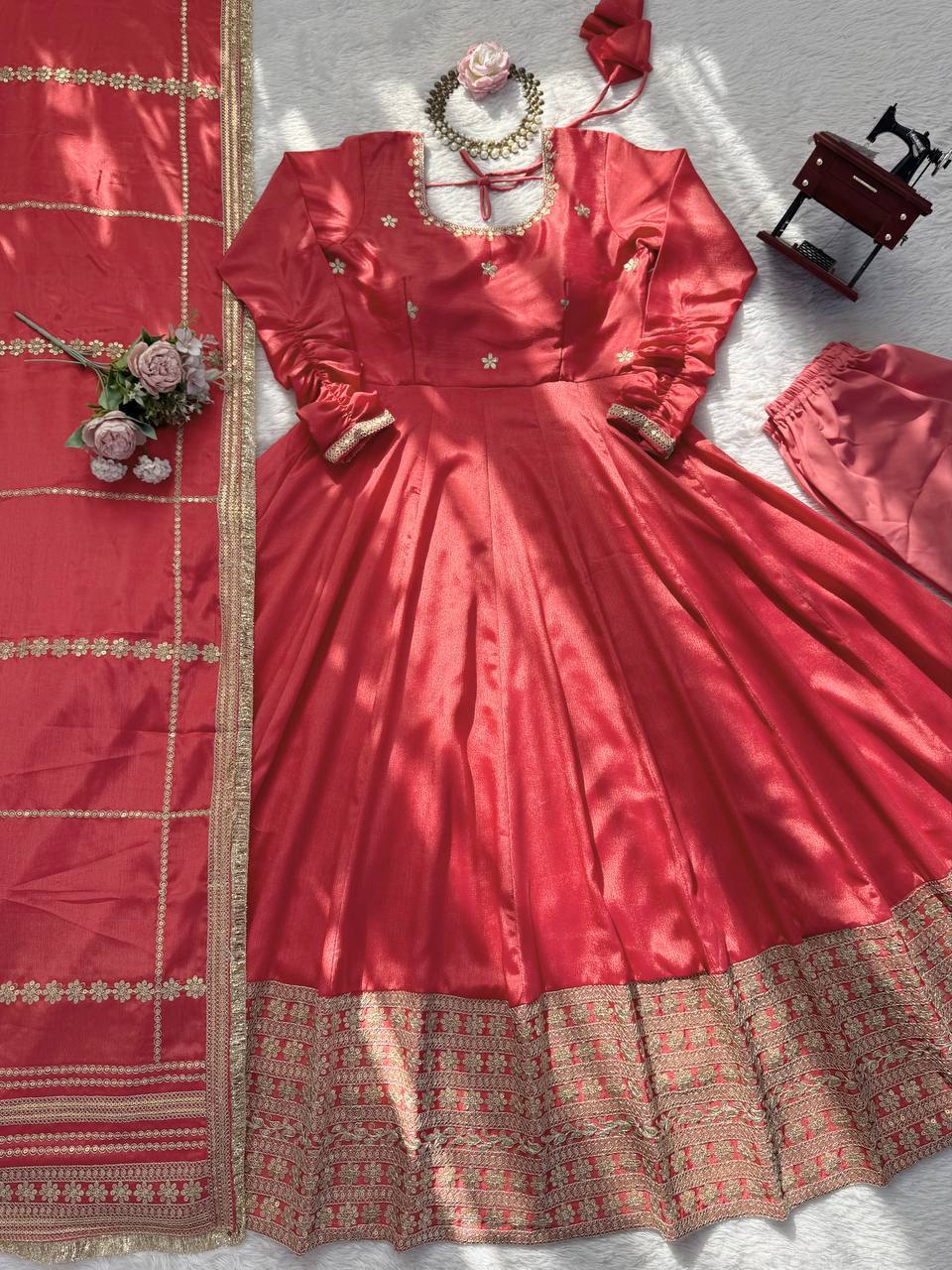 Inaya Chinon Silk Anarkali Suit with Coding Sequin Work & Fancy Lace Dupatta
