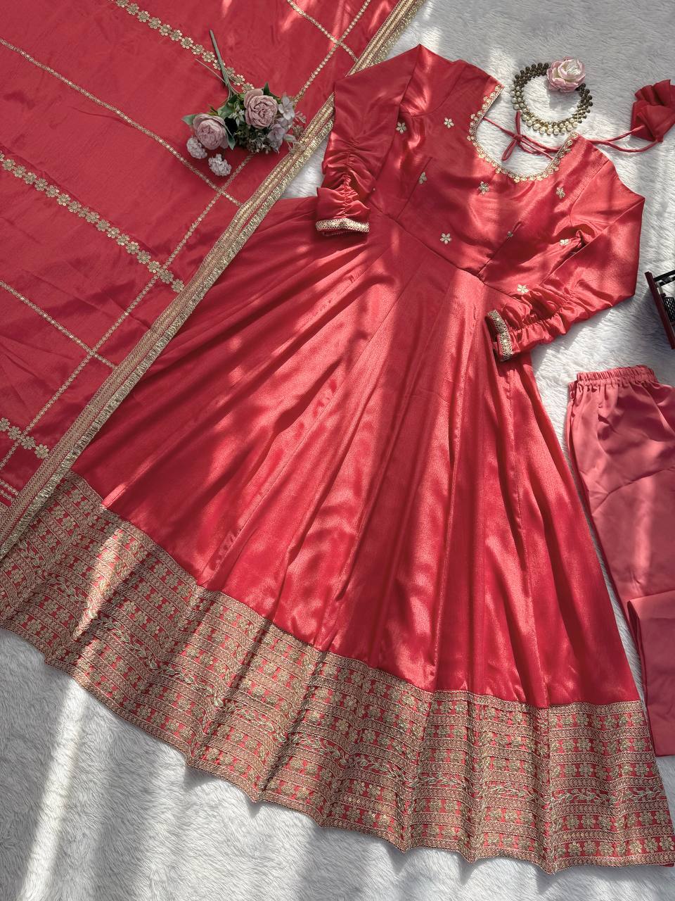 Inaya Chinon Silk Anarkali Suit with Coding Sequin Work & Fancy Lace Dupatta