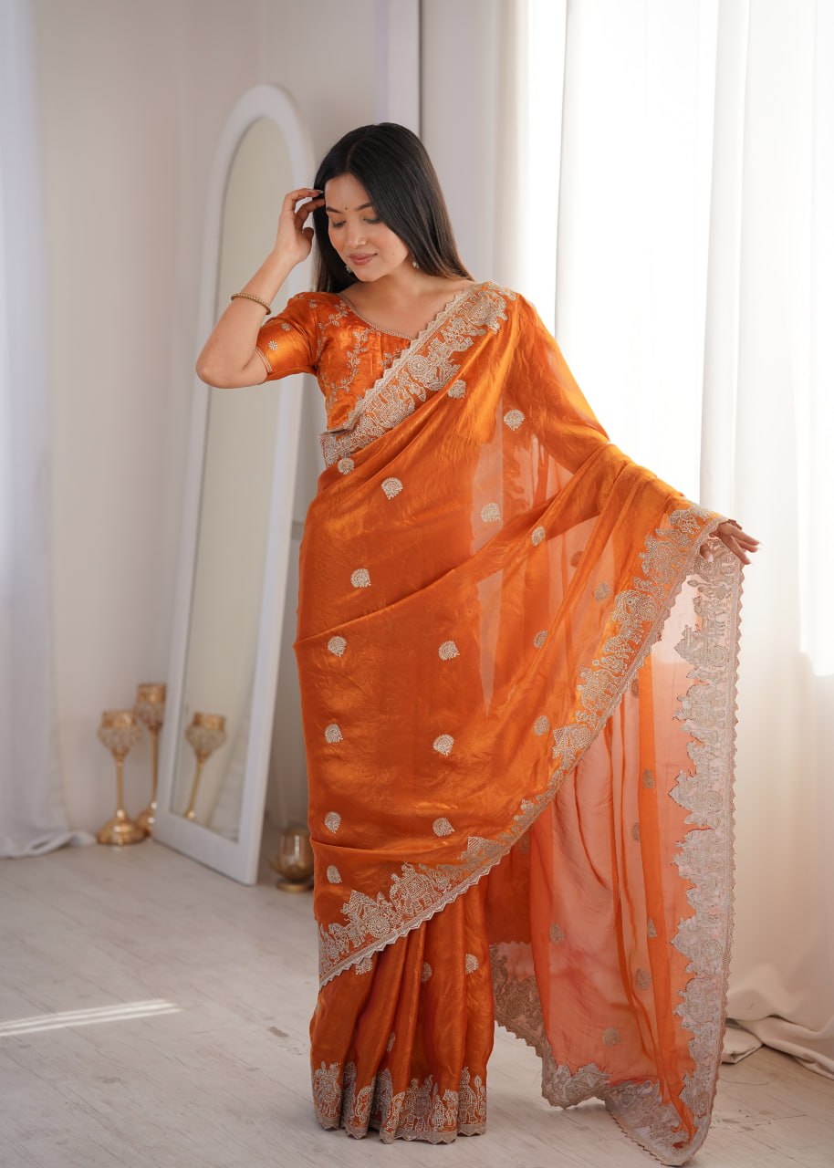 Zarmina Royale Designer Fendy Crush Zari Embroidered Saree with Hotfix Work