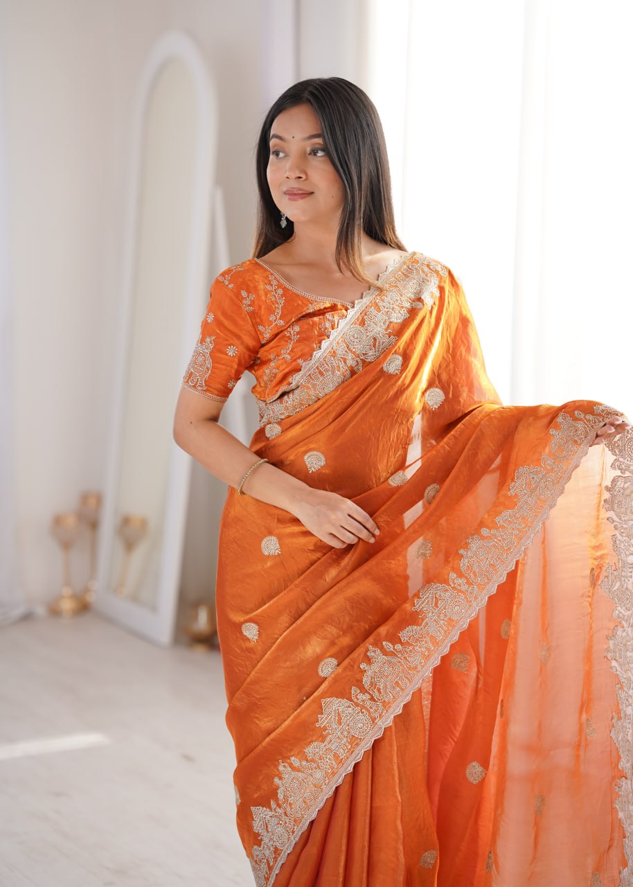 Zarmina Royale Designer Fendy Crush Zari Embroidered Saree with Hotfix Work