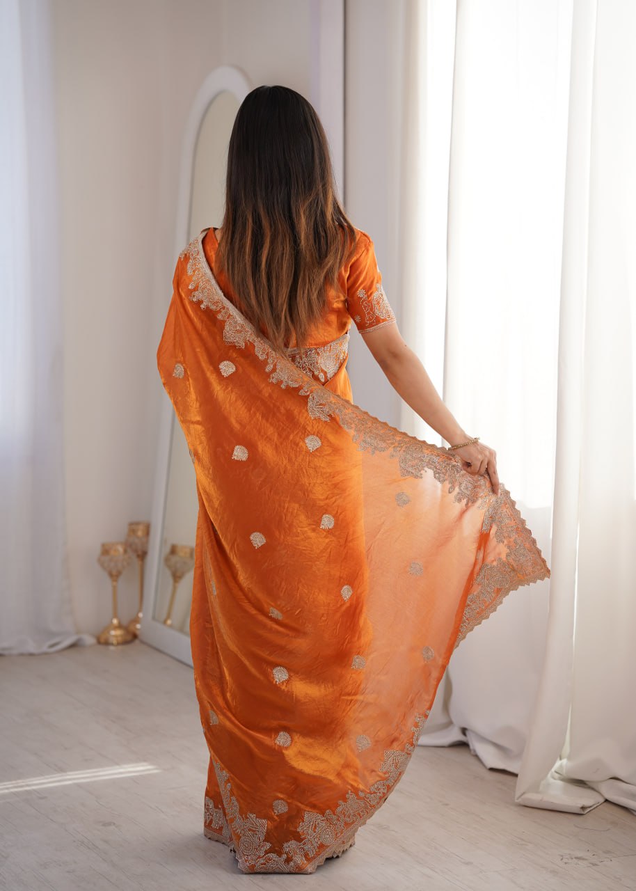 Zarmina Royale Designer Fendy Crush Zari Embroidered Saree with Hotfix Work