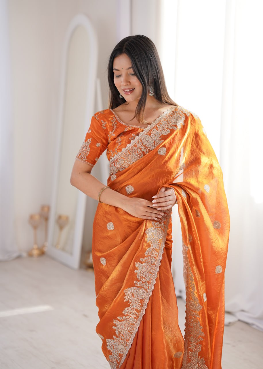 Zarmina Royale Designer Fendy Crush Zari Embroidered Saree with Hotfix Work