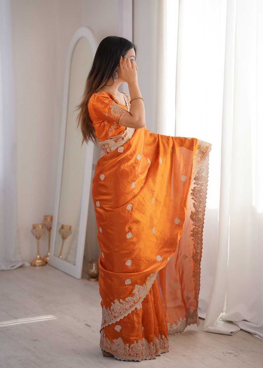 Zarmina Royale Designer Fendy Crush Zari Embroidered Saree with Hotfix Work