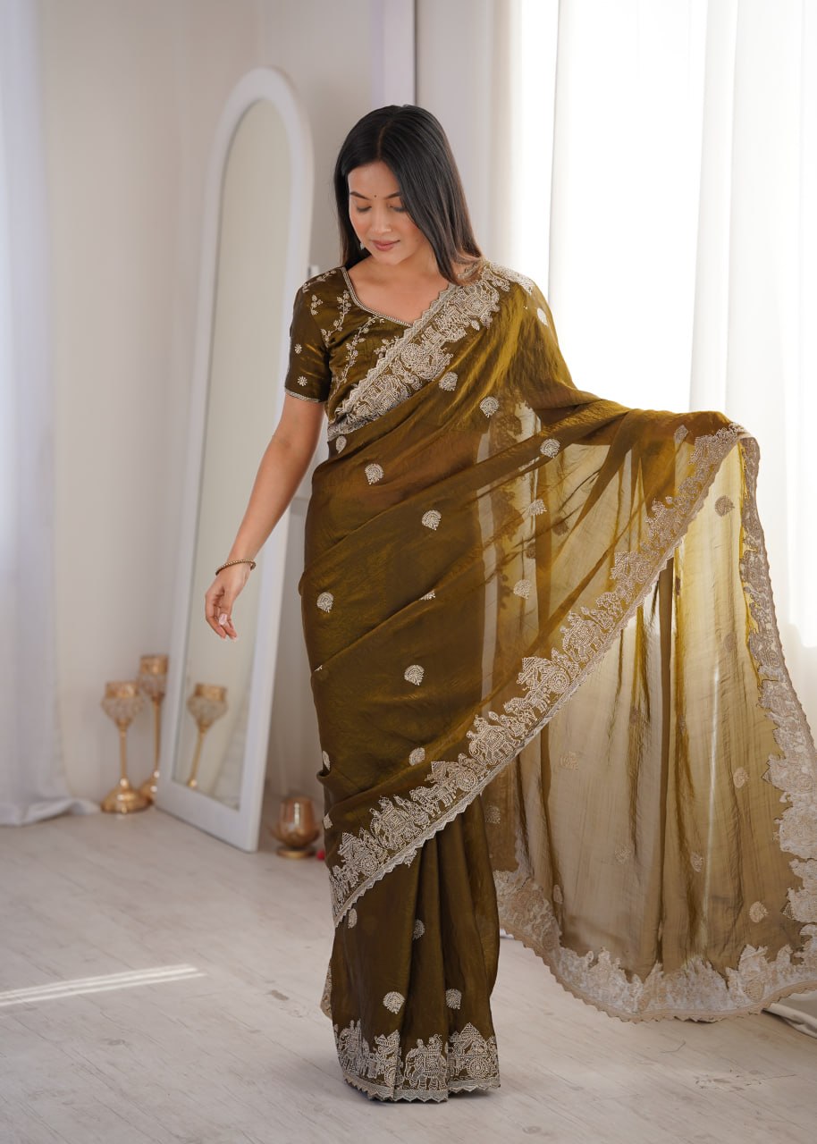 Zarmina Royale Designer Fendy Crush Zari Embroidered Saree with Hotfix Work