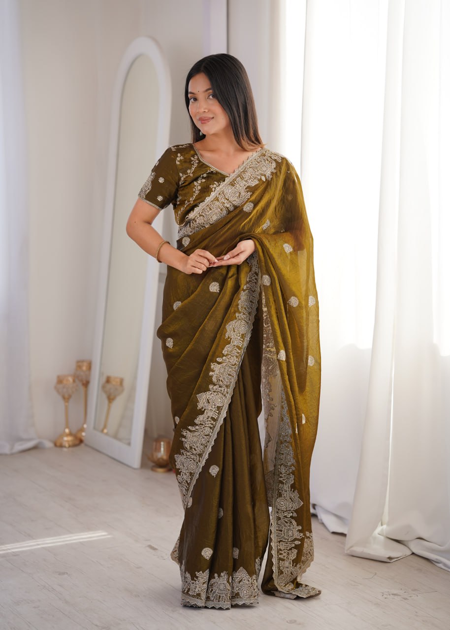 Zarmina Royale Designer Fendy Crush Zari Embroidered Saree with Hotfix Work