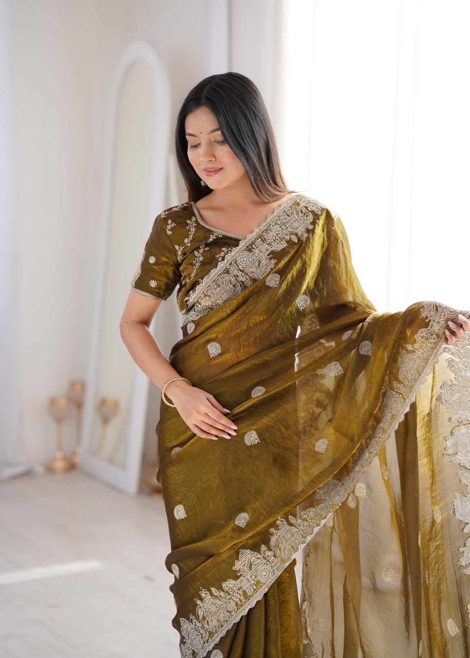 Zarmina Royale Designer Fendy Crush Zari Embroidered Saree with Hotfix Work