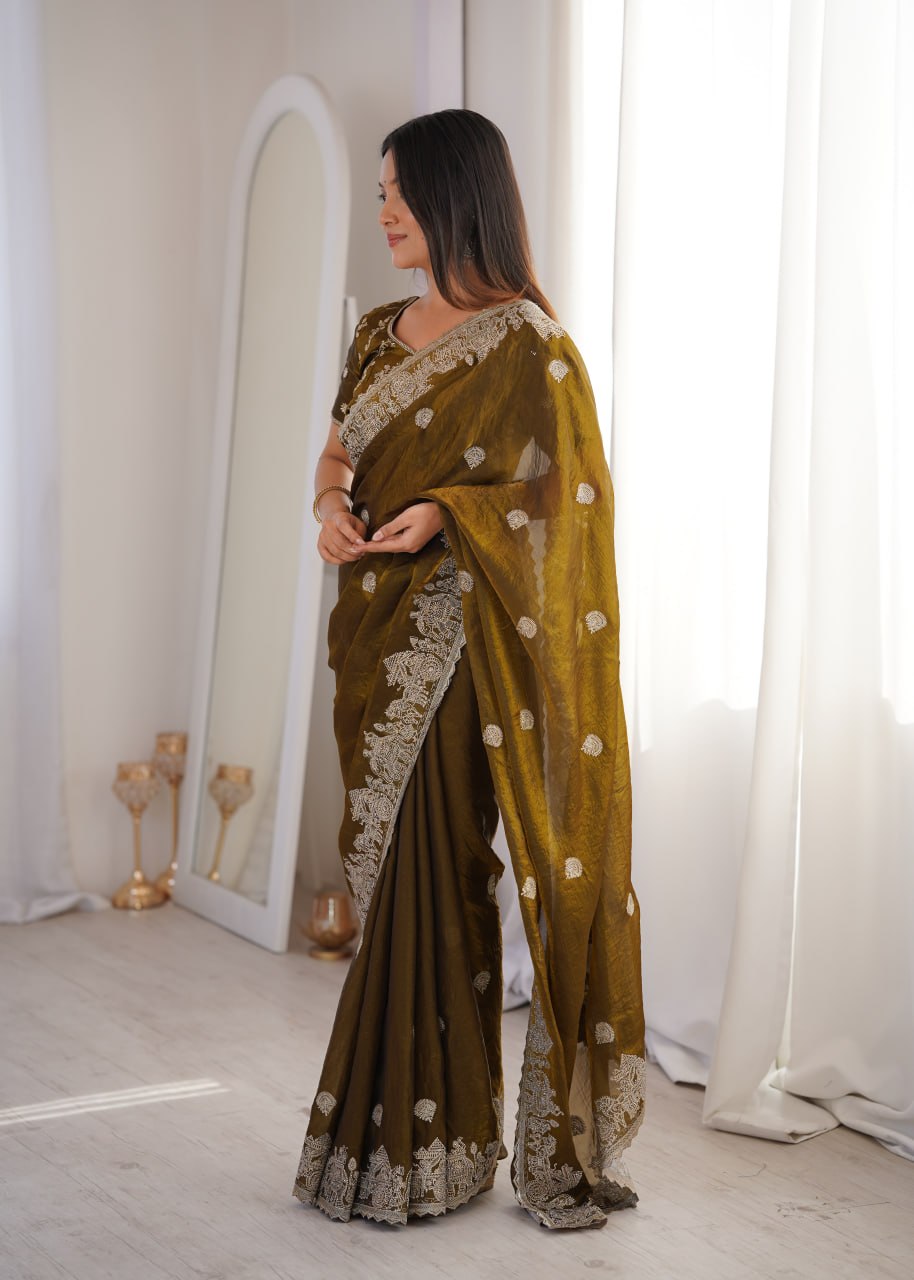 Zarmina Royale Designer Fendy Crush Zari Embroidered Saree with Hotfix Work