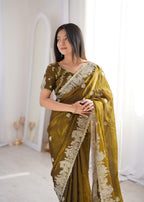 Zarmina Royale Designer Fendy Crush Zari Embroidered Saree with Hotfix Work