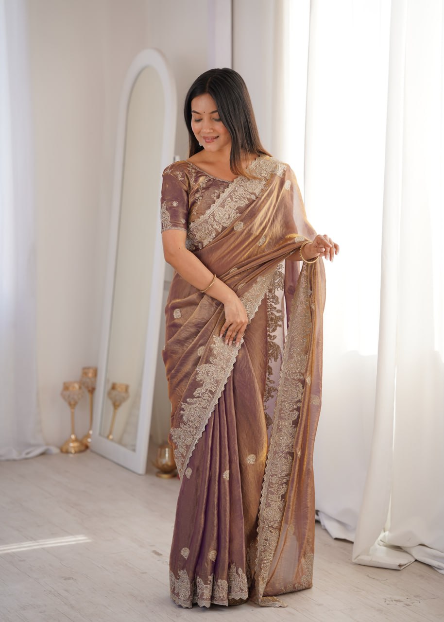 Zarmina Royale Designer Fendy Crush Zari Embroidered Saree with Hotfix Work