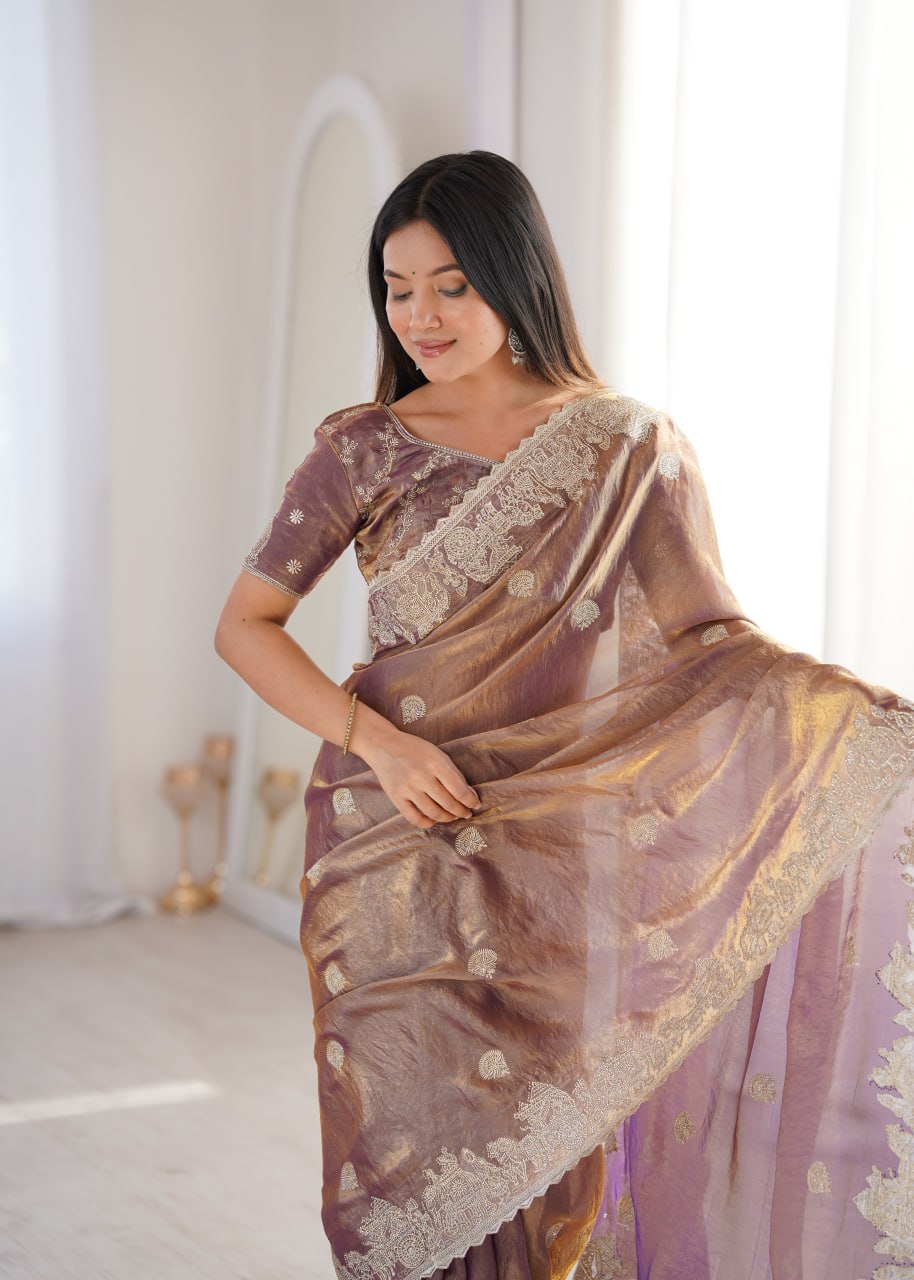 Zarmina Royale Designer Fendy Crush Zari Embroidered Saree with Hotfix Work