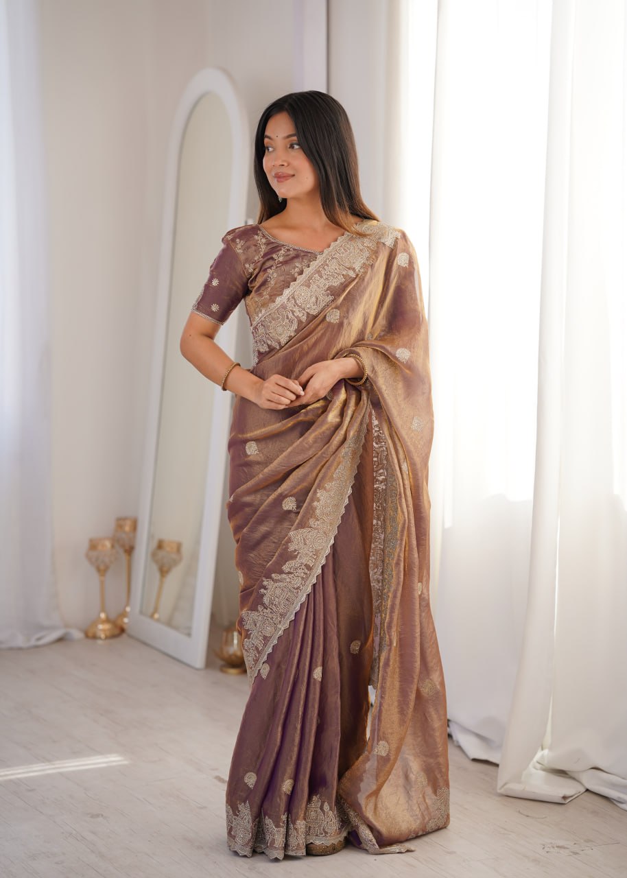 Zarmina Royale Designer Fendy Crush Zari Embroidered Saree with Hotfix Work