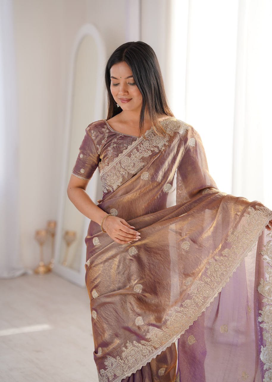 Zarmina Royale Designer Fendy Crush Zari Embroidered Saree with Hotfix Work