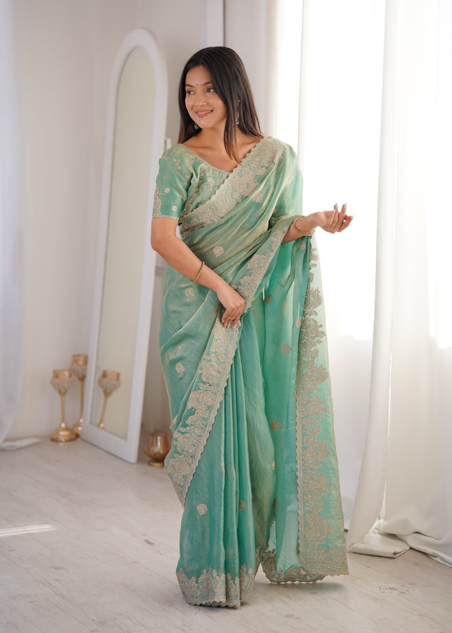 Zarmina Royale Designer Fendy Crush Zari Embroidered Saree with Hotfix Work