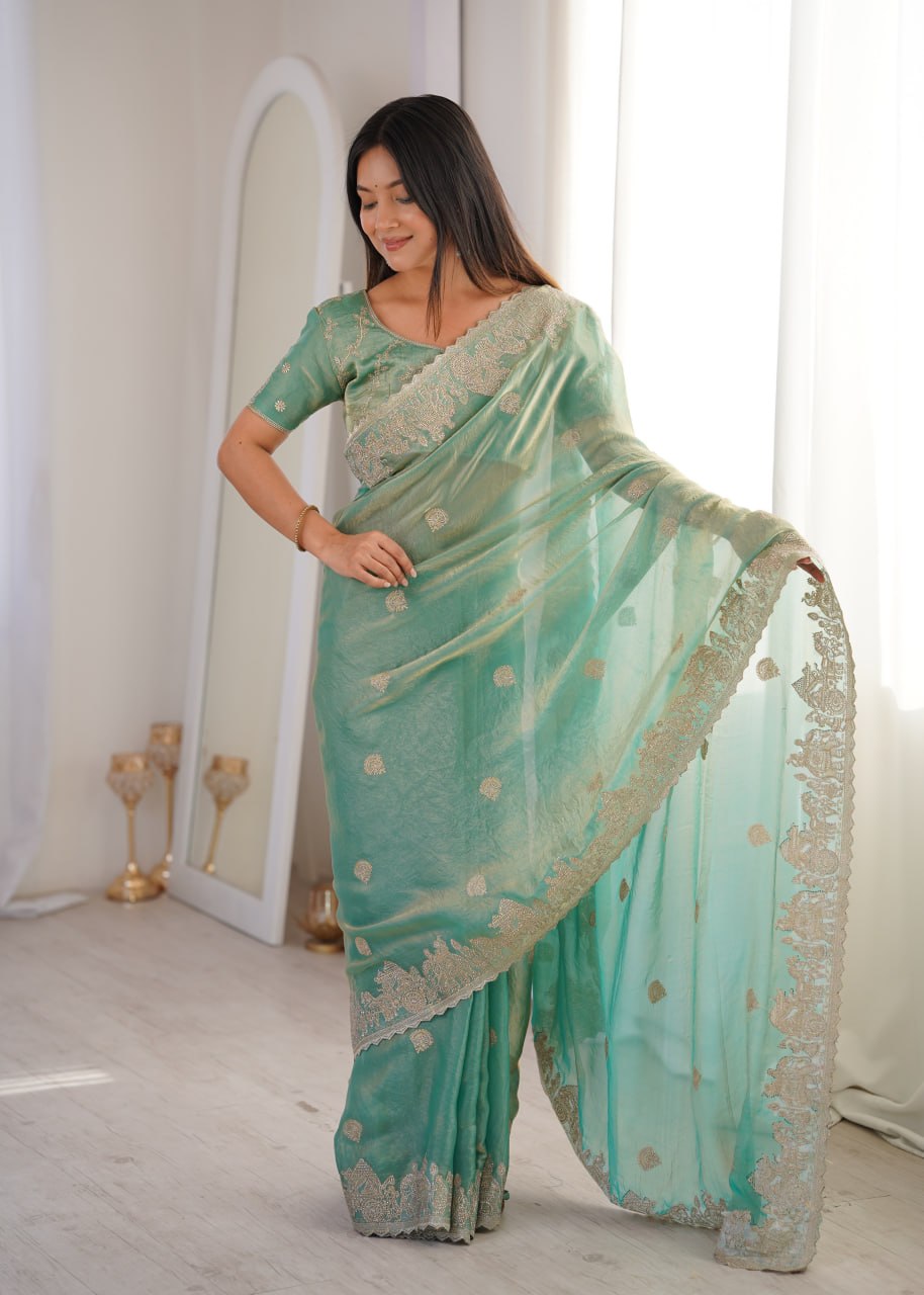 Zarmina Royale Designer Fendy Crush Zari Embroidered Saree with Hotfix Work