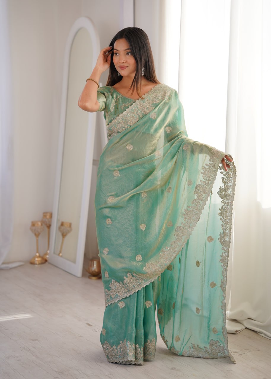Zarmina Royale Designer Fendy Crush Zari Embroidered Saree with Hotfix Work