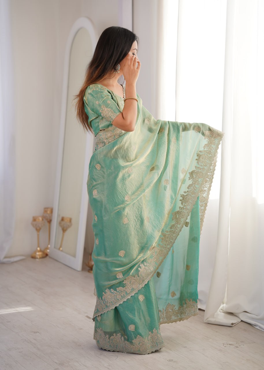 Zarmina Royale Designer Fendy Crush Zari Embroidered Saree with Hotfix Work