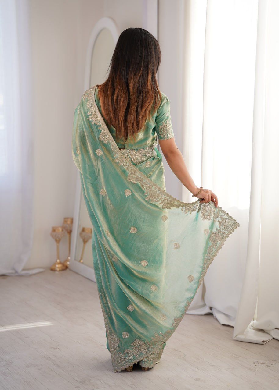 Zarmina Royale Designer Fendy Crush Zari Embroidered Saree with Hotfix Work