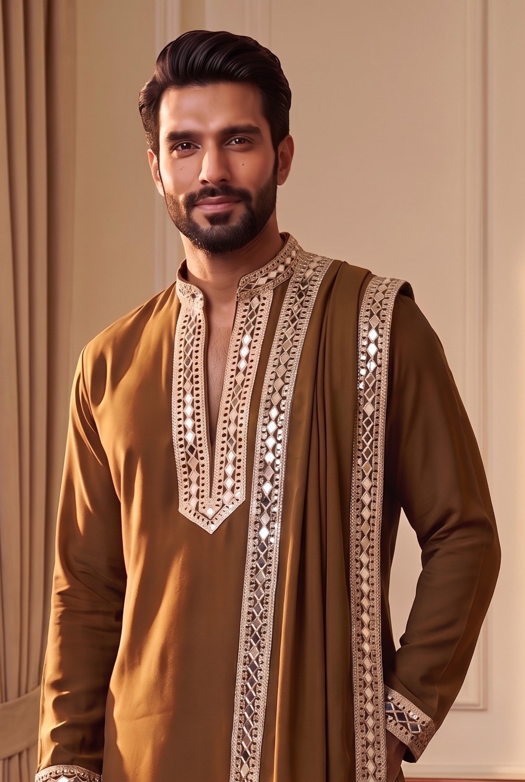 Men’s Premium Pure Lachaka Mirror Work Kurta Set with Matching Bottom