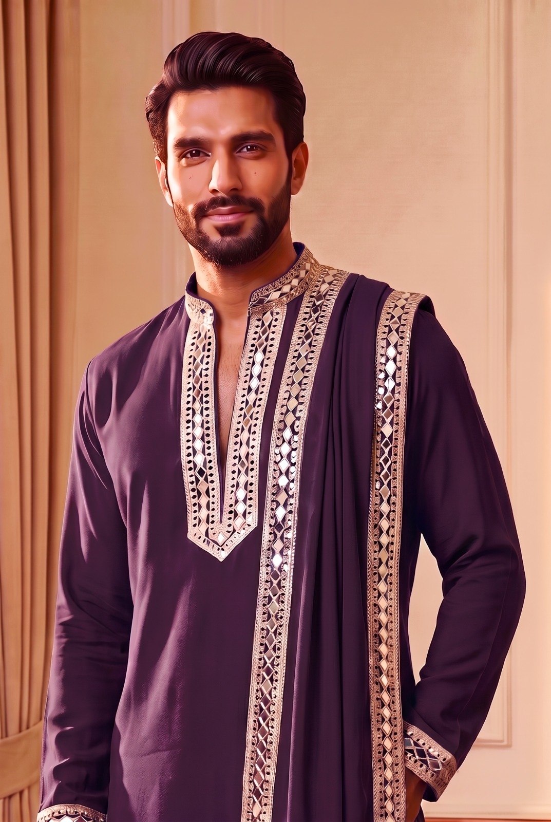 Men’s Premium Pure Lachaka Mirror Work Kurta Set with Matching Bottom