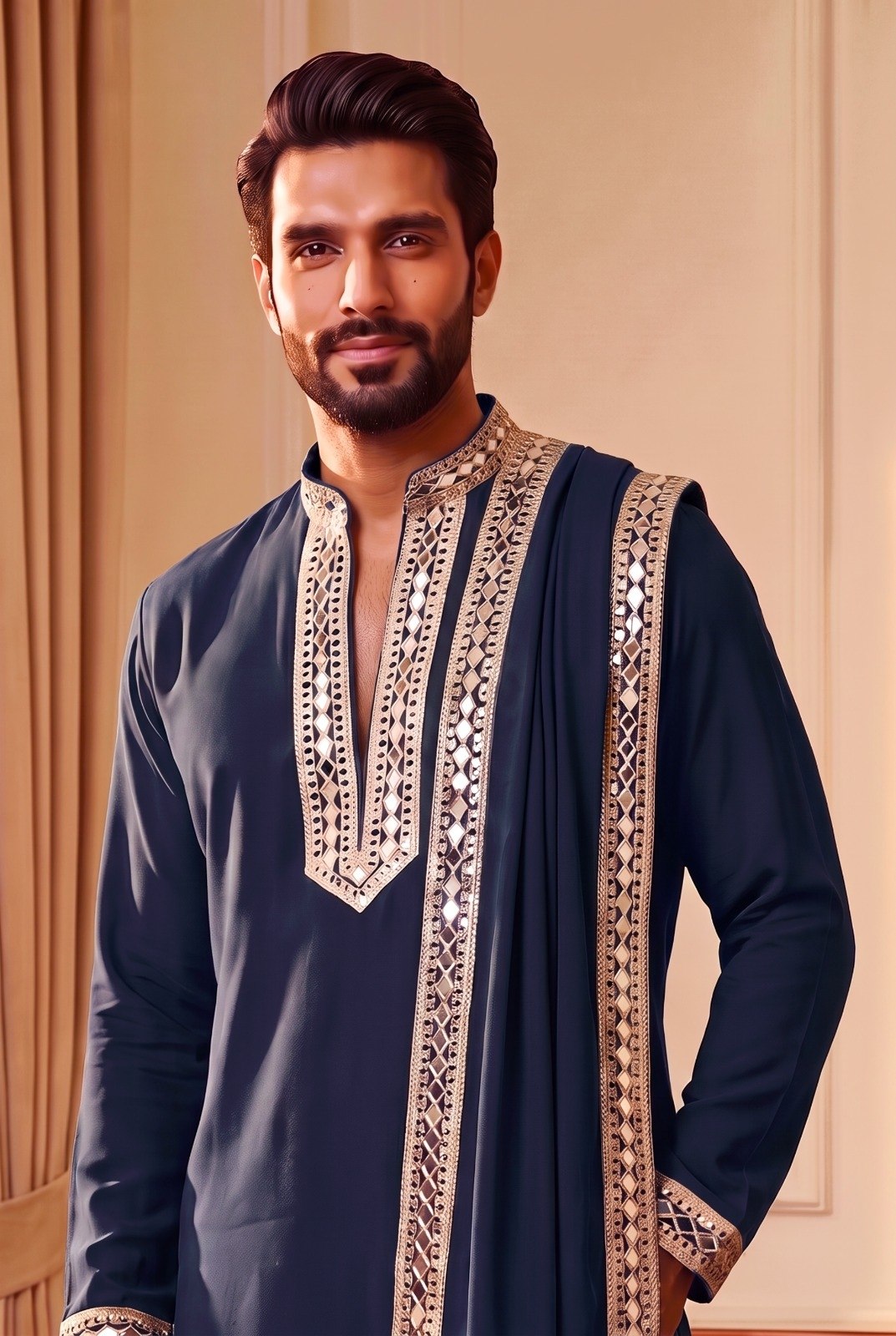 Men’s Premium Pure Lachaka Mirror Work Kurta Set with Matching Bottom