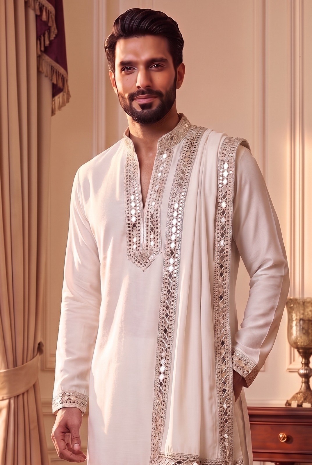 Men’s Premium Pure Lachaka Mirror Work Kurta Set with Matching Bottom
