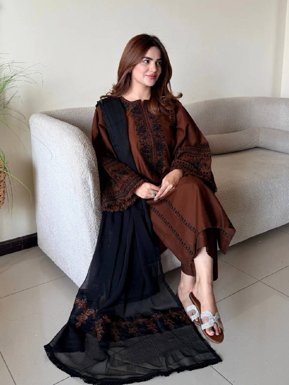 Yashvi Dual Tone Star Georgette Diamond Embroidered Kurti Palazzo with Dupatta Set