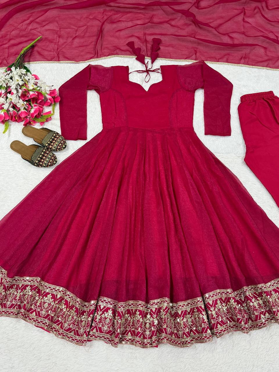Aadvika Heavy Crunchy Silk Sequins Embroidered Anarkali with Pant & Dupatta Set