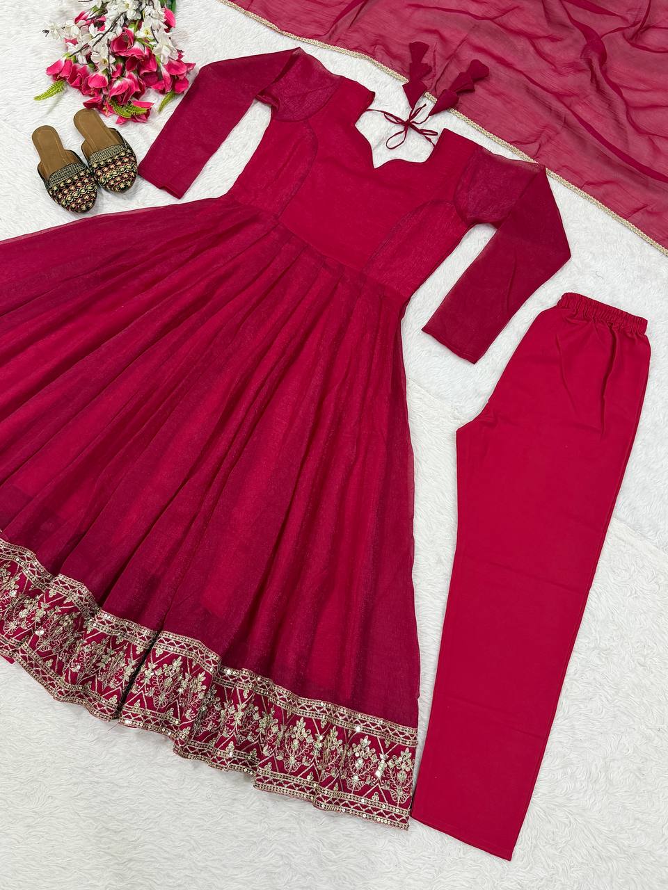 Aadvika Heavy Crunchy Silk Sequins Embroidered Anarkali with Pant & Dupatta Set