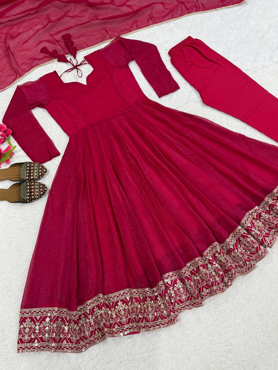 Aadvika Heavy Crunchy Silk Sequins Embroidered Anarkali with Pant & Dupatta Set