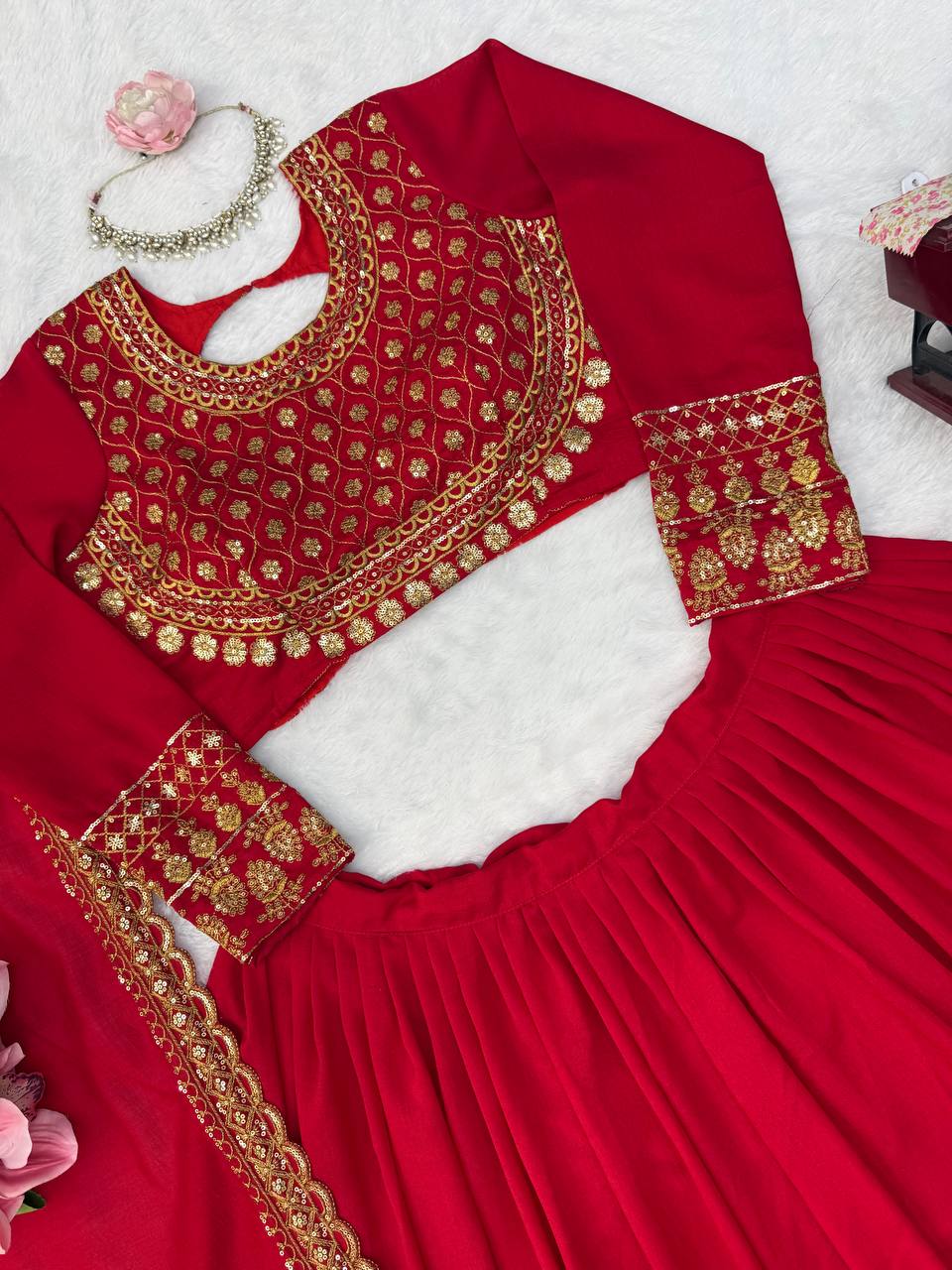 Zarisha Faux Georgette Real Mirror Embroidered Lehenga Choli with Dupatta Set