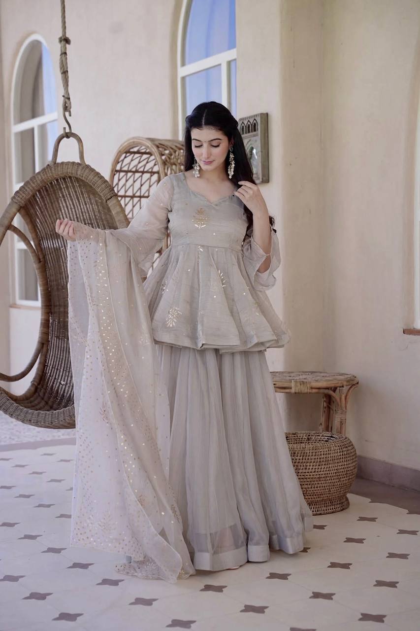 Yutika Tabby Silk Foil Work Kurti Palazzo with Dupatta Set