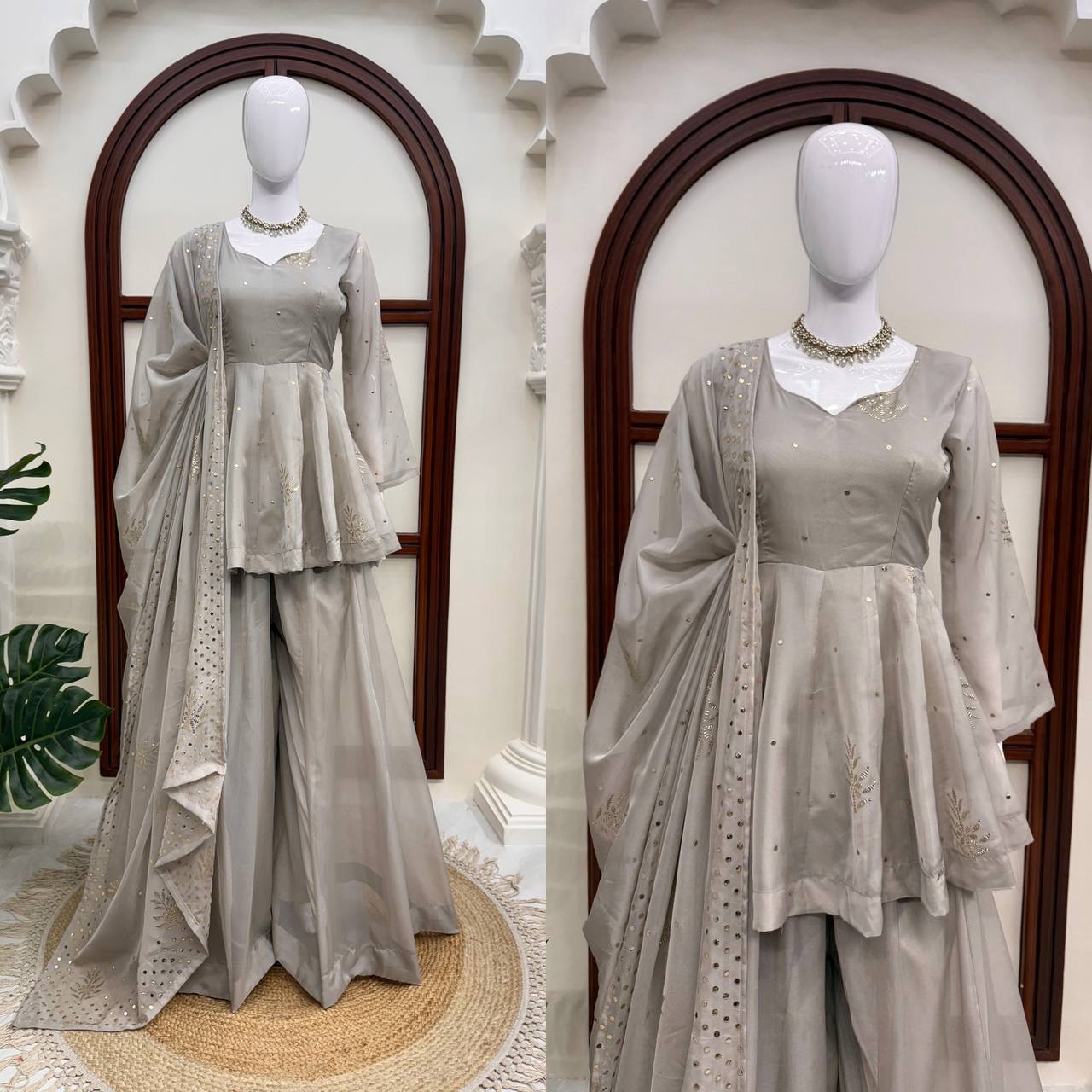 Yutika Tabby Silk Foil Work Kurti Palazzo with Dupatta Set