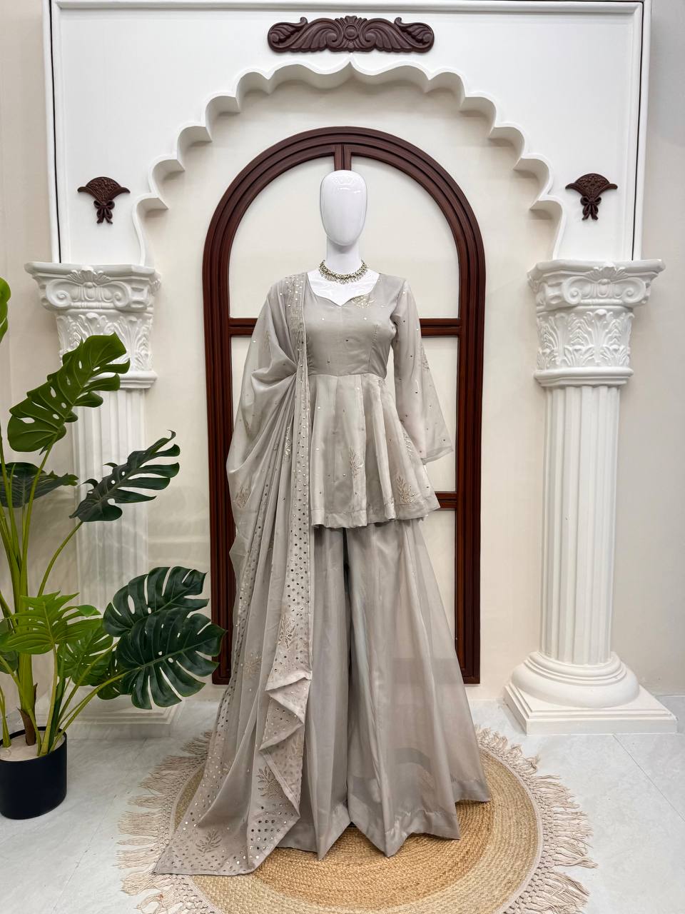Yutika Tabby Silk Foil Work Kurti Palazzo with Dupatta Set