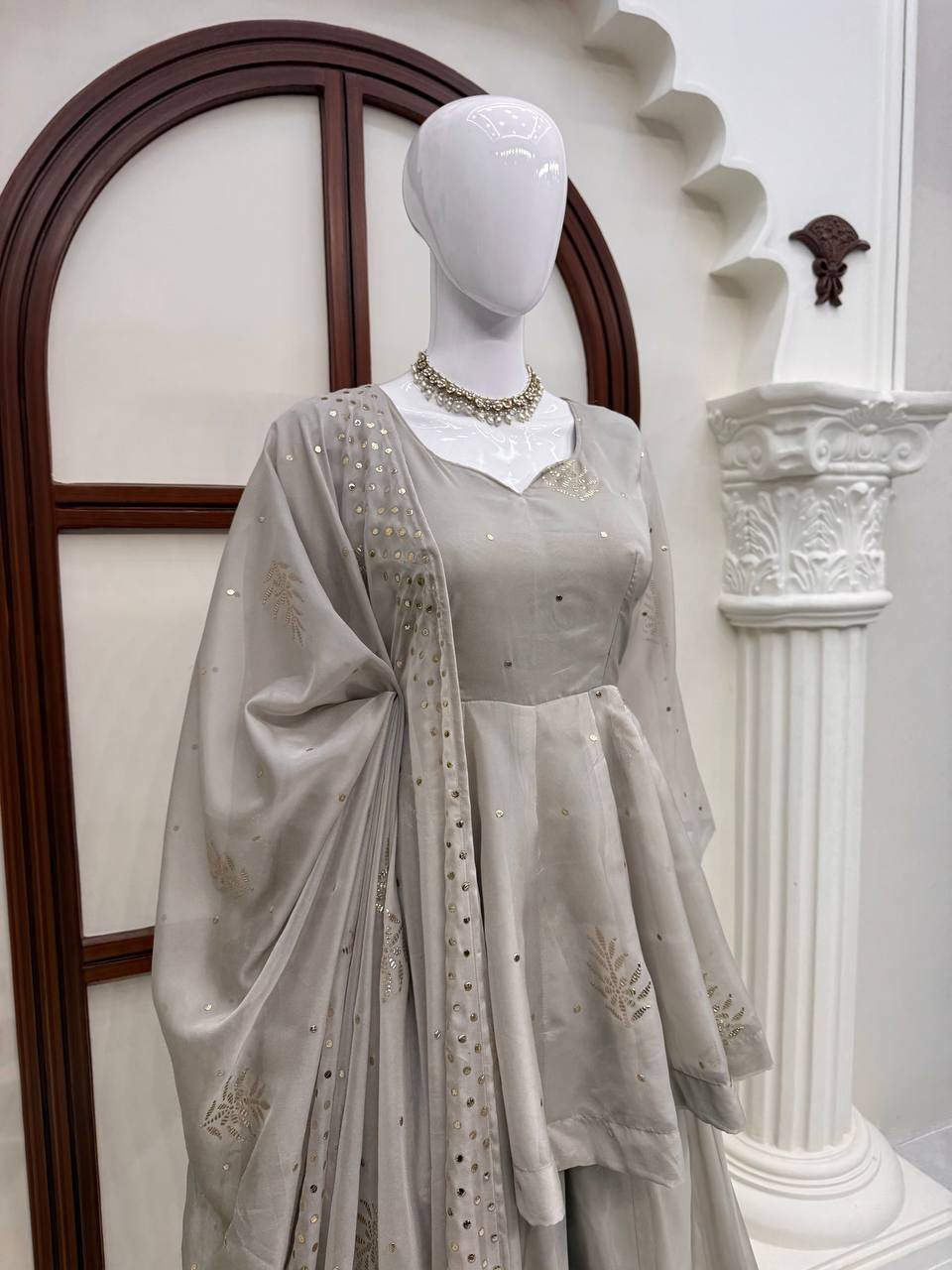 Yutika Tabby Silk Foil Work Kurti Palazzo with Dupatta Set