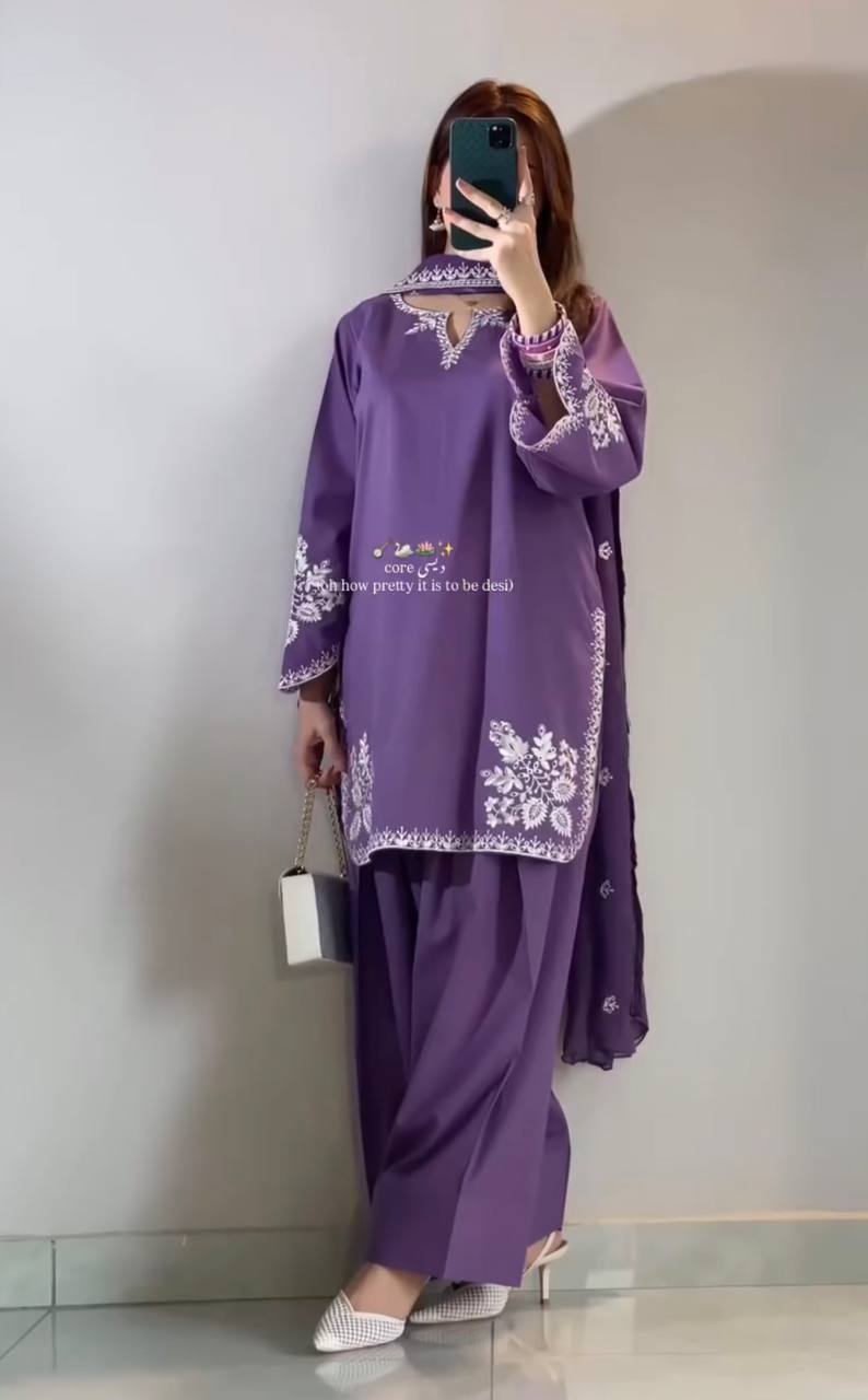 Designer Roman Cotton Farshi Salwar Suit with Embroidered Organza Dupatta