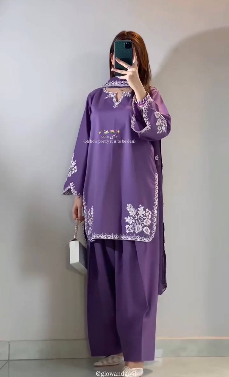 Designer Roman Cotton Farshi Salwar Suit with Embroidered Organza Dupatta