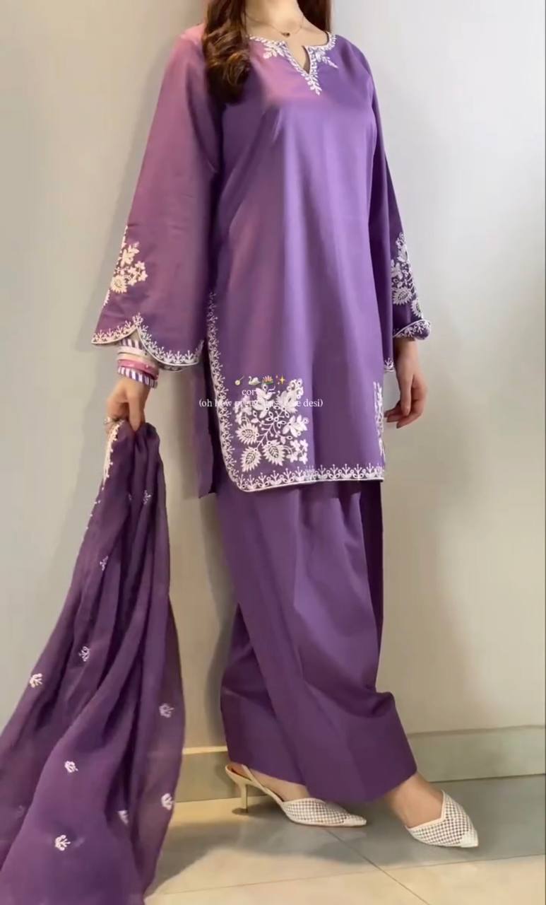Designer Roman Cotton Farshi Salwar Suit with Embroidered Organza Dupatta