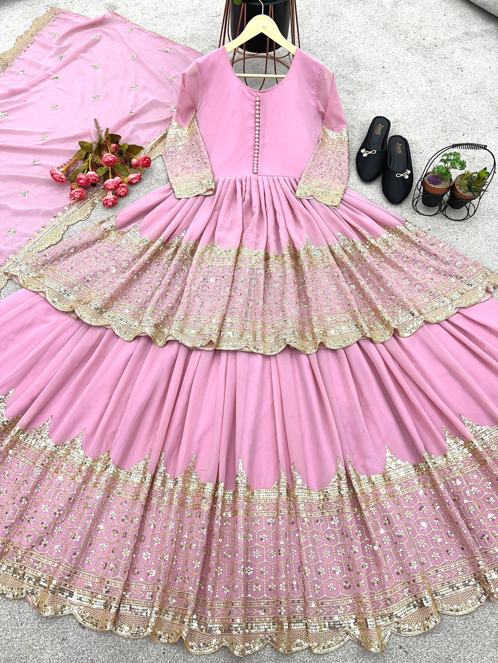 Vaishnavi Faux Georgette Sequins Embroidered Lehenga with Top & Dupatta Set