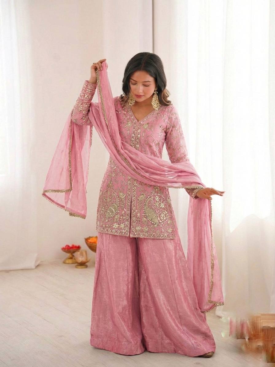 Pure Fendy Silk Palazzo Set with Heavy Embroidery Sequence Work