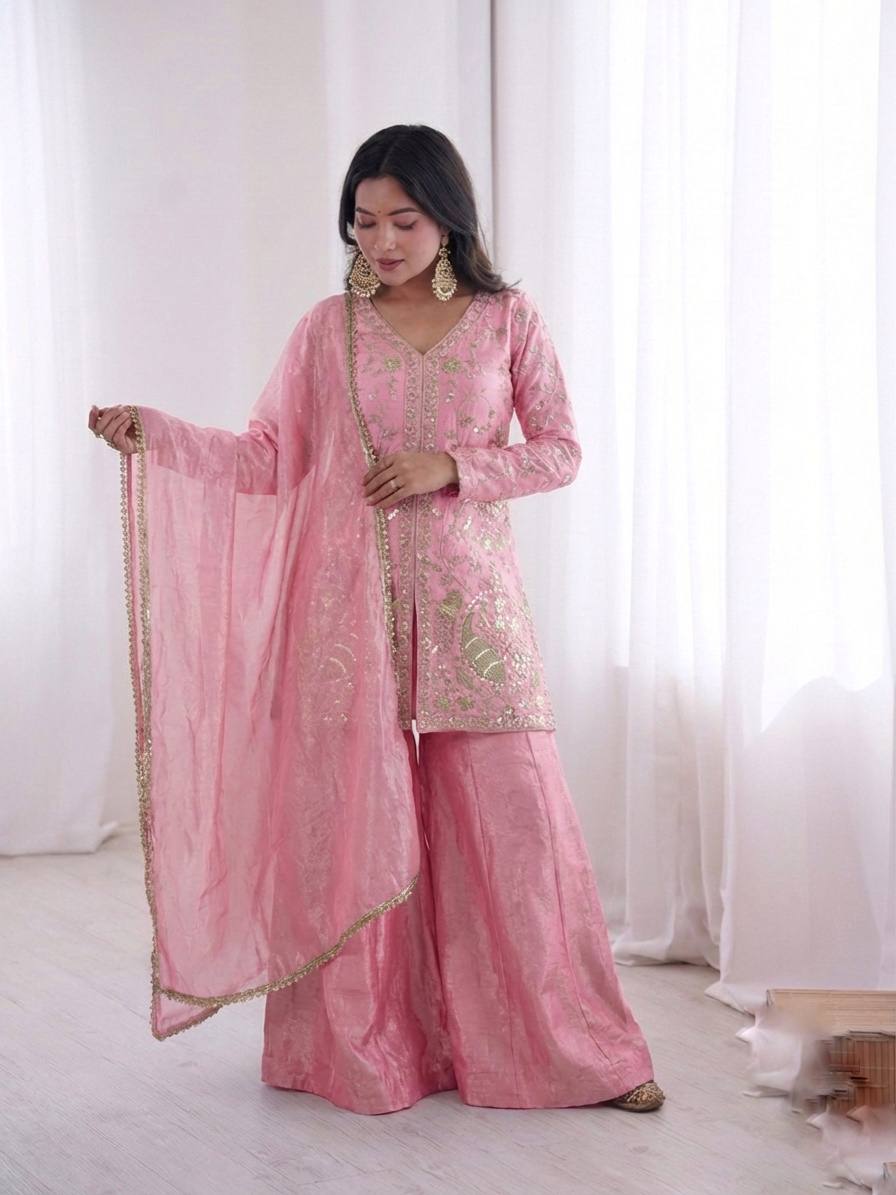 Pure Fendy Silk Palazzo Set with Heavy Embroidery Sequence Work
