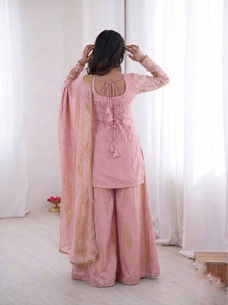 Pure Fendy Silk Palazzo Set with Heavy Embroidery Sequence Work