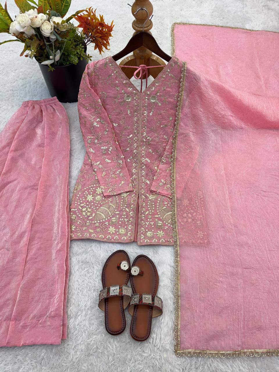 Pure Fendy Silk Palazzo Set with Heavy Embroidery Sequence Work