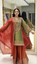 Classic Roman Glass Silk Outfit with Heavy Embroidery Touch Sharara Set