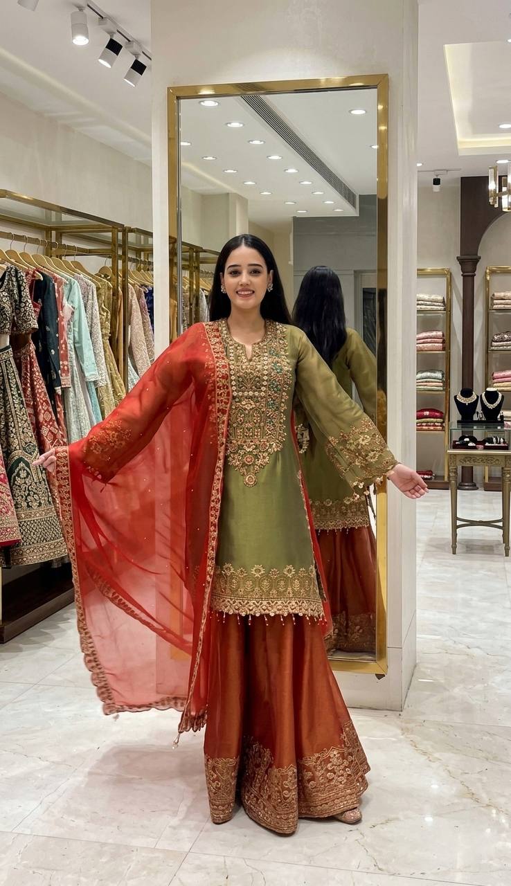 Classic Roman Glass Silk Outfit with Heavy Embroidery Touch Sharara Set