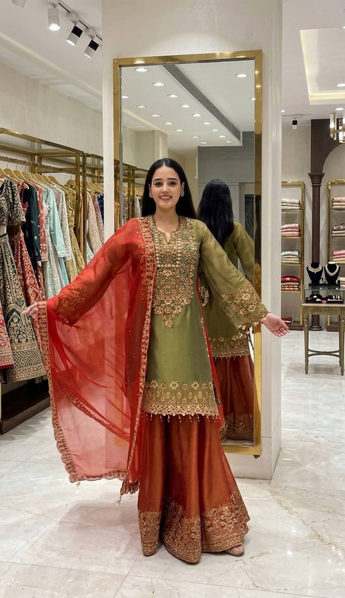 Classic Roman Glass Silk Outfit with Heavy Embroidery Touch Sharara Set