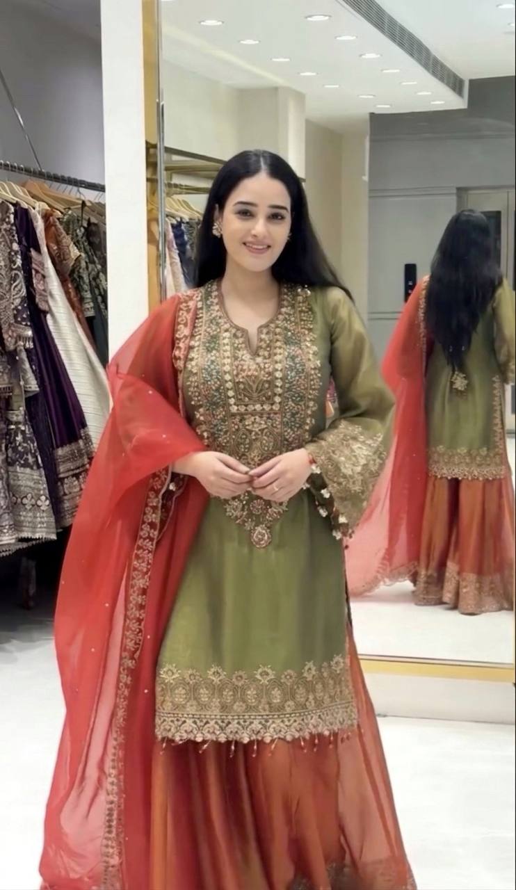 Classic Roman Glass Silk Outfit with Heavy Embroidery Touch Sharara Set