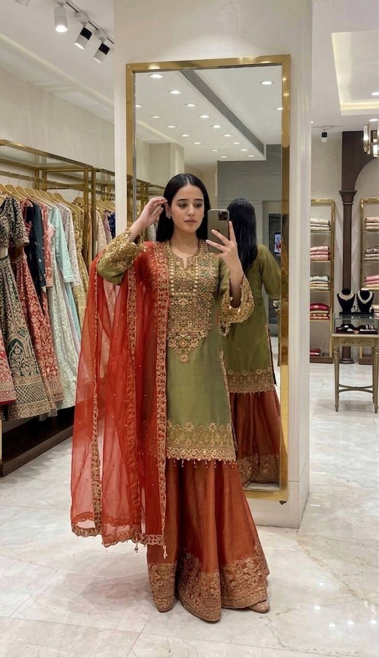 Classic Roman Glass Silk Outfit with Heavy Embroidery Touch Sharara Set