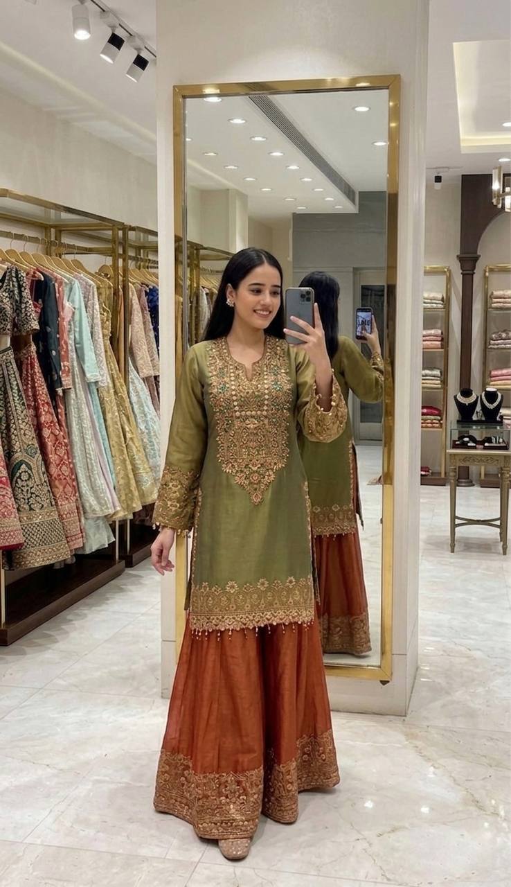 Classic Roman Glass Silk Outfit with Heavy Embroidery Touch Sharara Set