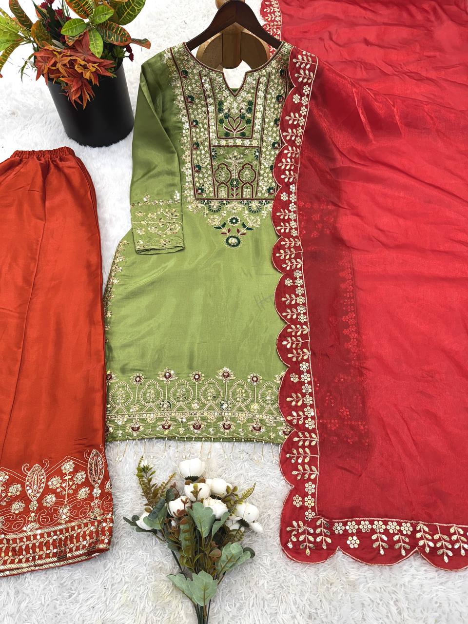 Classic Roman Glass Silk Outfit with Heavy Embroidery Touch Sharara Set