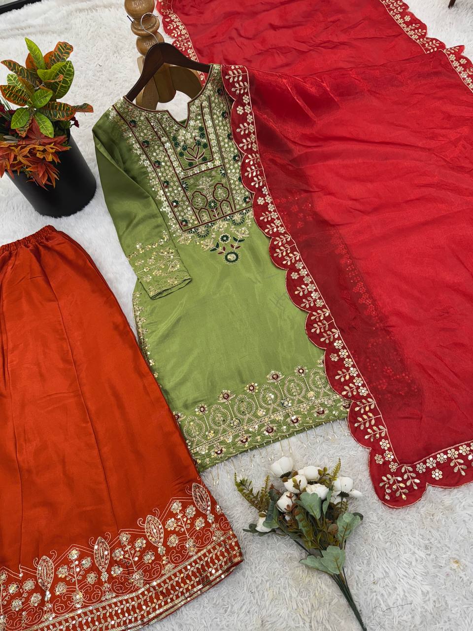Classic Roman Glass Silk Outfit with Heavy Embroidery Touch Sharara Set